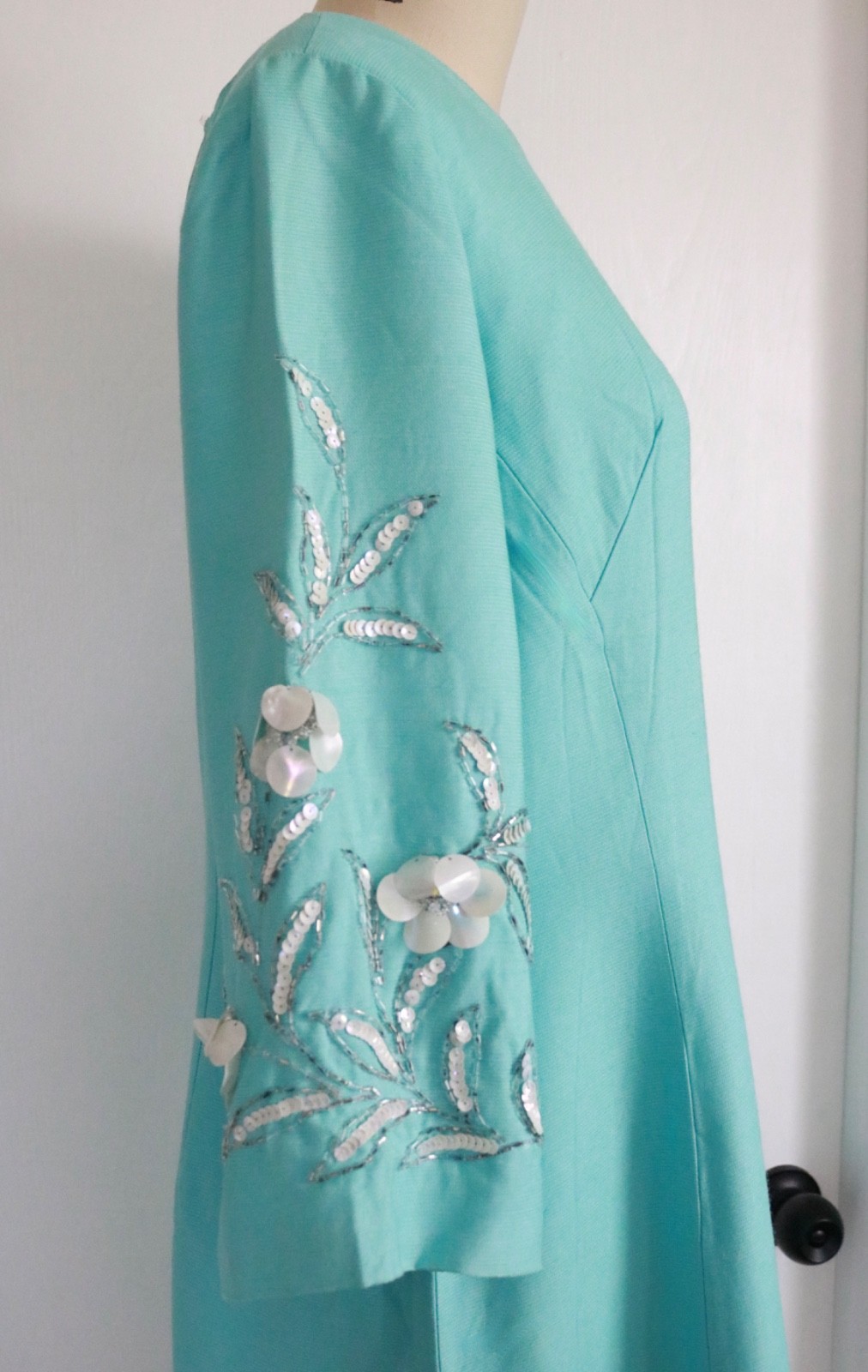Vintage 50s 60s Turquoise Rhinestone Beaded Sequin Dress Size M Mid Century