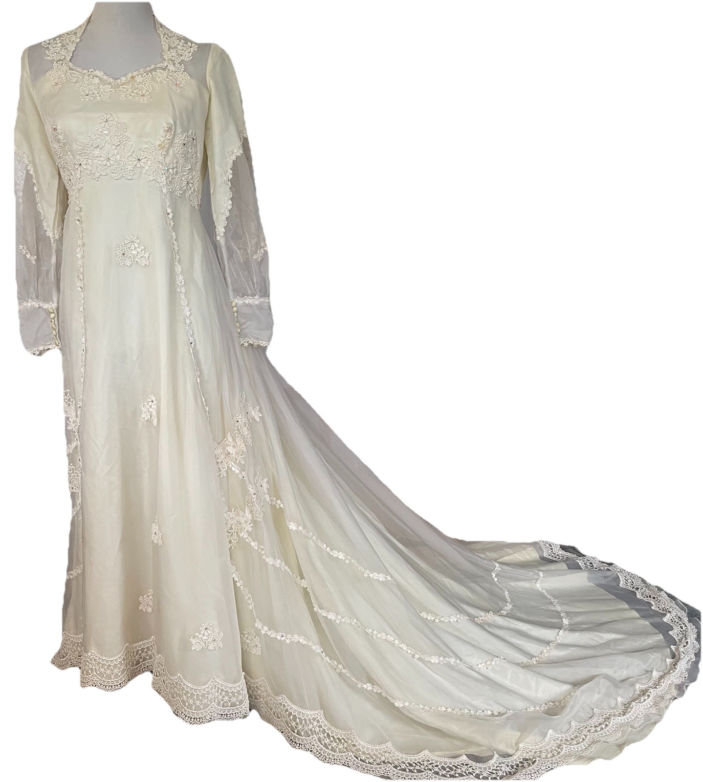 Vtg 80s Floral Embroidery Wedding Gown Handmade Sz M Ivory Sheer 33” Train