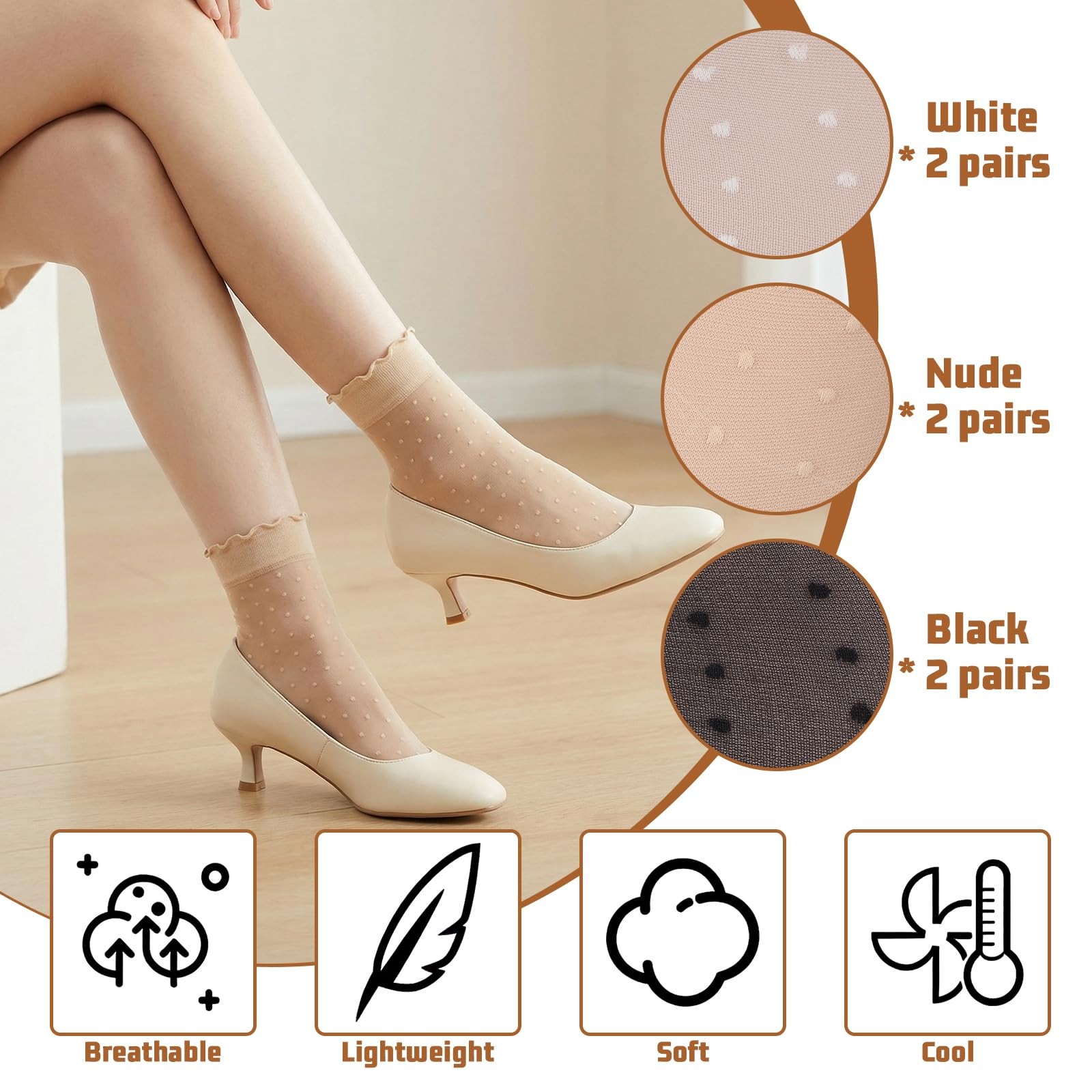 Bremorou 6Pairs Sheer Ankle Socks Medium Tall, Black, Off-white, Skin Tone