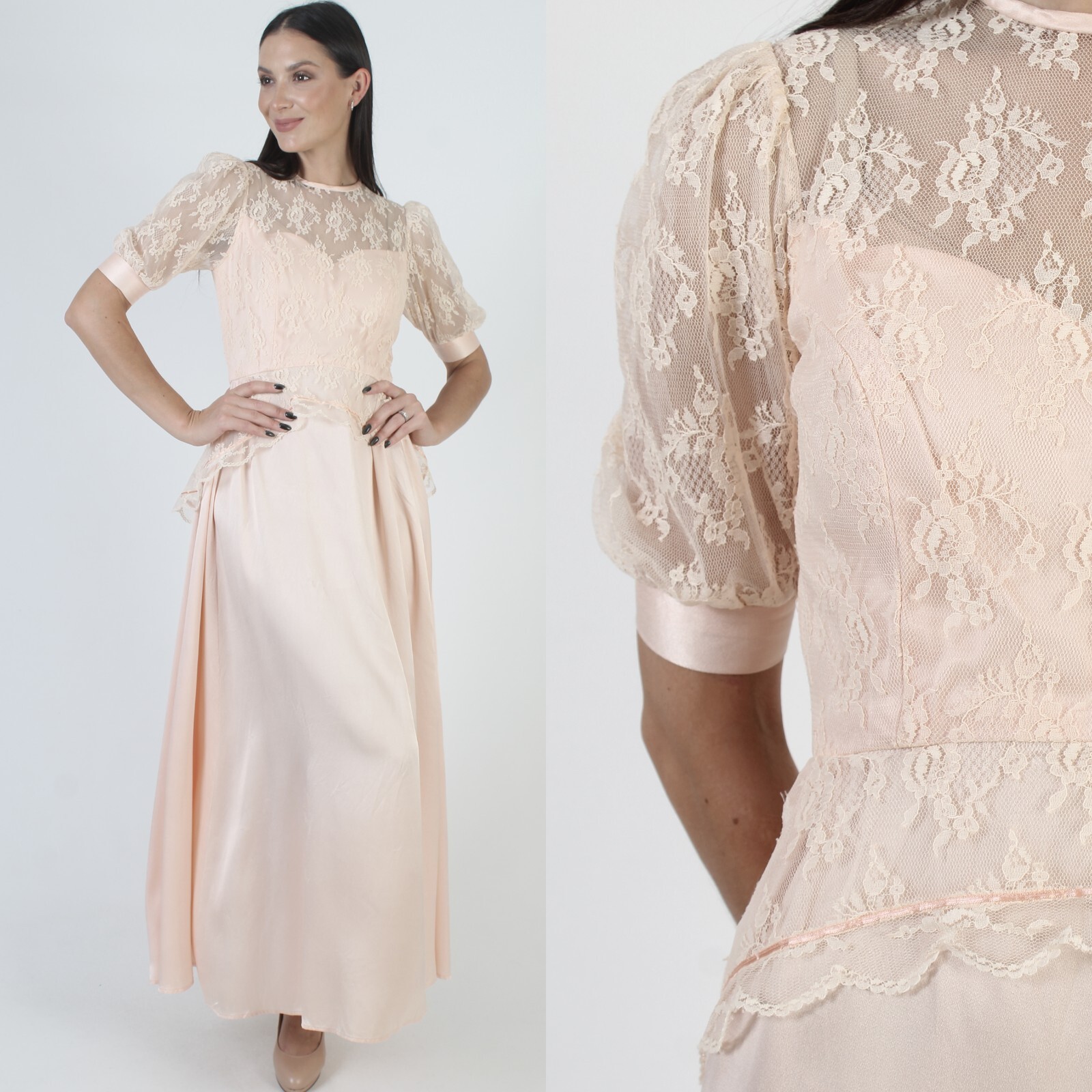 Vintage Peach Lace Wedding Dress Bridal Peplum Victorian Romantic Prom MOTB Gown