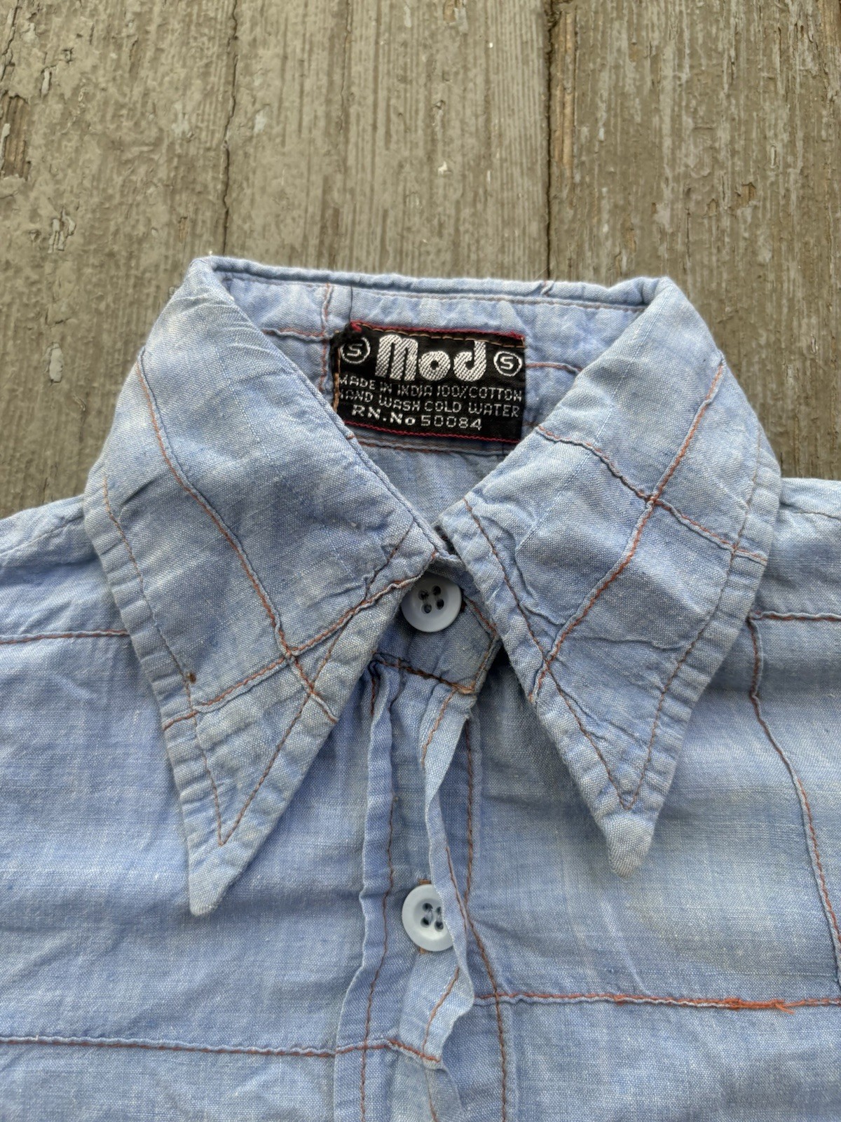 1970s Mod Chambray Button Up Shirt Long Sleeve Dagger Collar