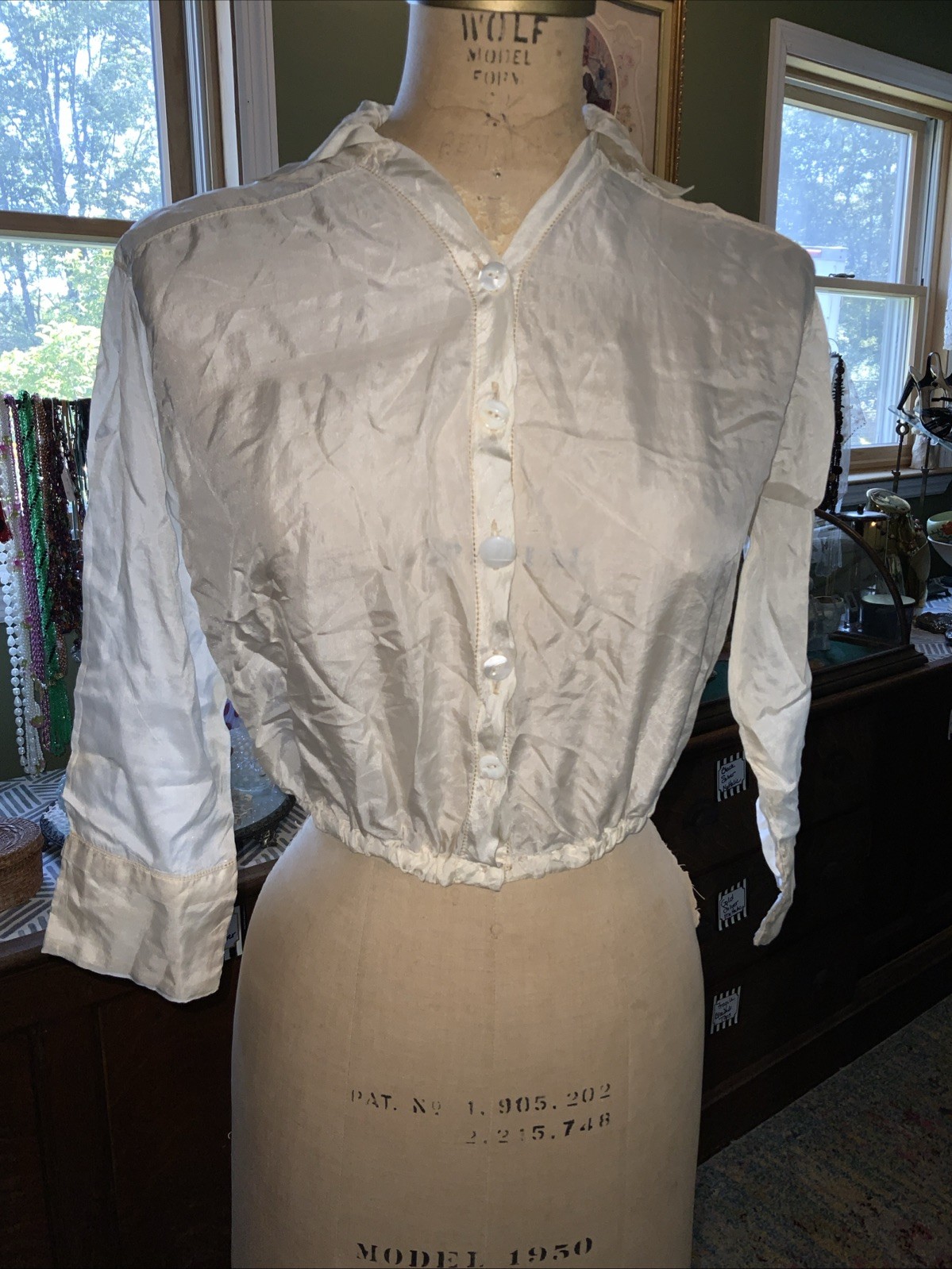 Antique Victorian Ivory Silk Semi Sheer Waist Shirt L/S Sz L Bust 38