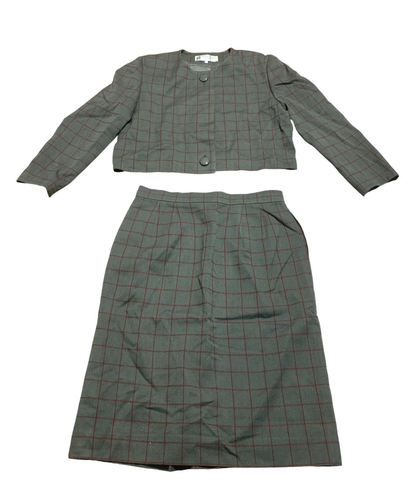 Vintage Givenchy Glamour Gray and Red Plaid Suit 2 Piece Set Size 15