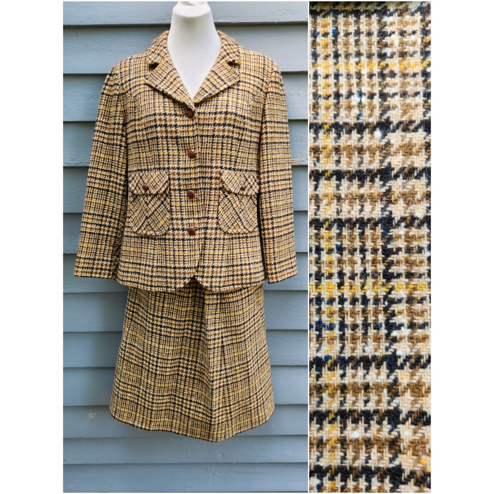 Pendleton Skirt Suit Tan Brown Yellow Houndstooth Plaid Virgin Wool Vintage 10