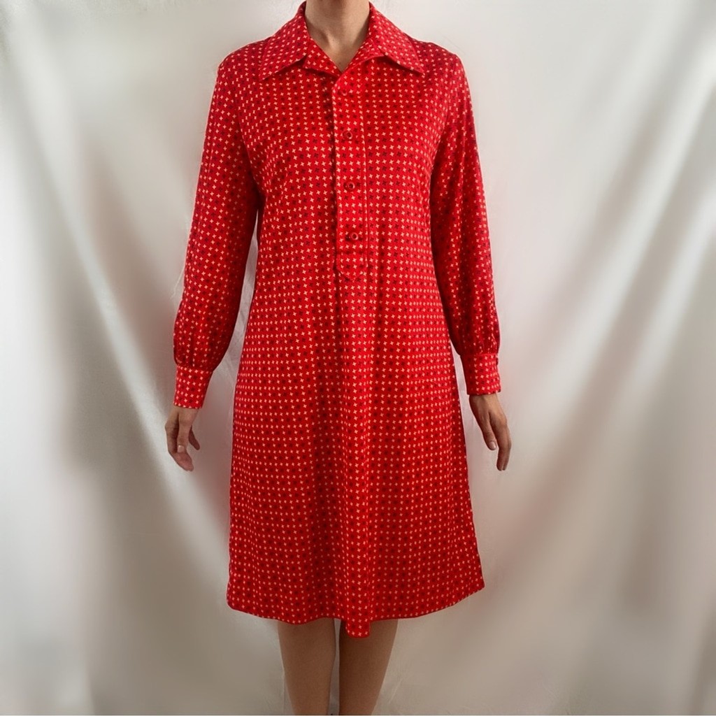 Vintage 60s red collared button up dress midi long sleeve Alfred Werber medium