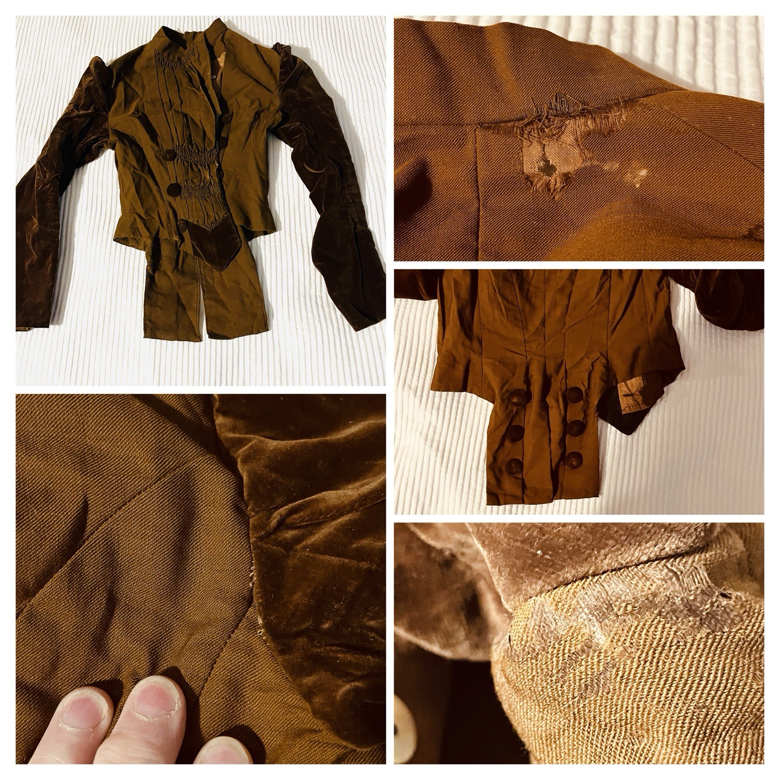 Antique Edwardian Boned Waist Jacket Velvet Trim & Puff Sleeves-Smocked-Coattail