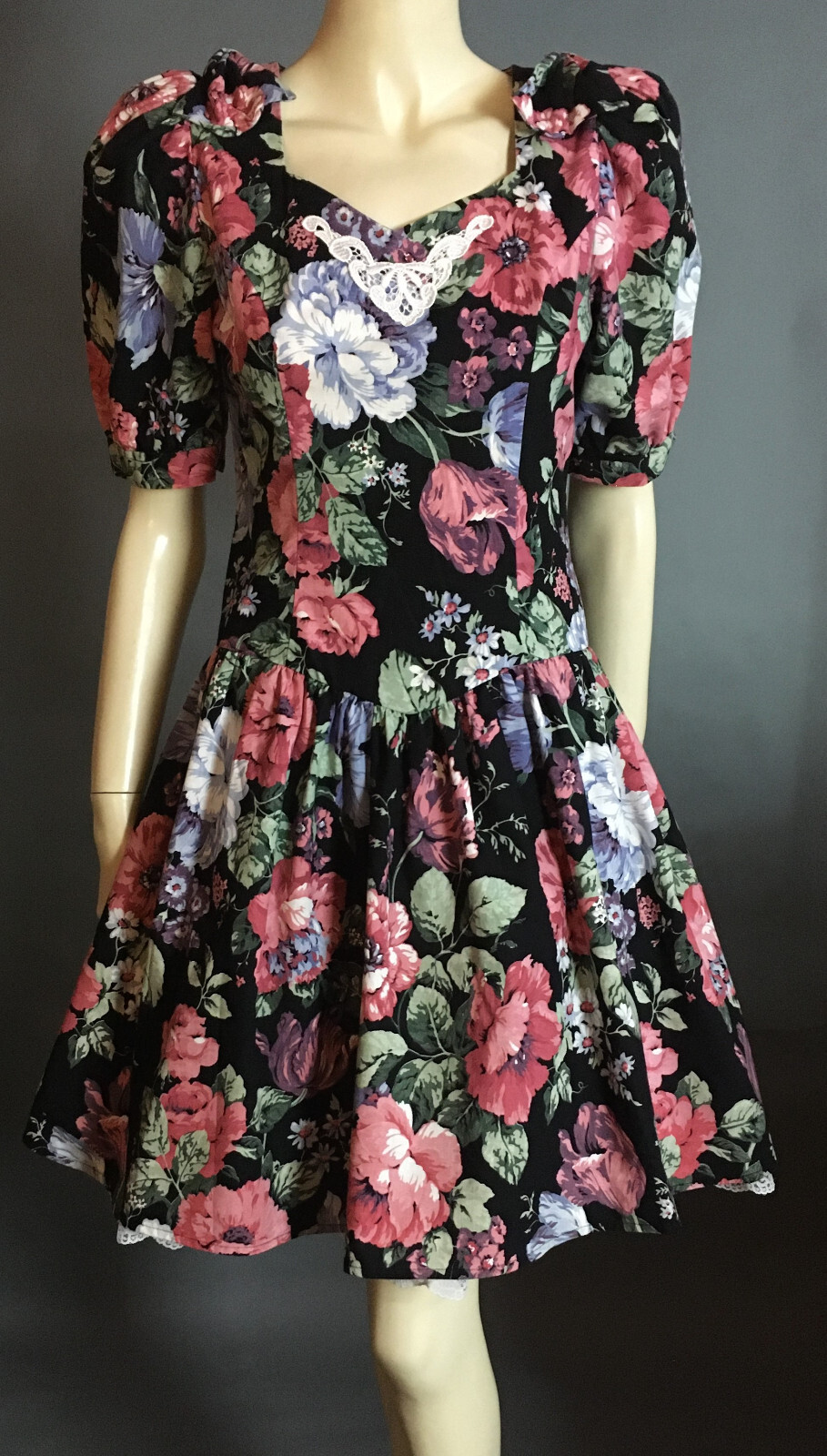 1980s True Vintage Fit Flare Puff Sleeve Floral Crinoline Party Prom Dress S
