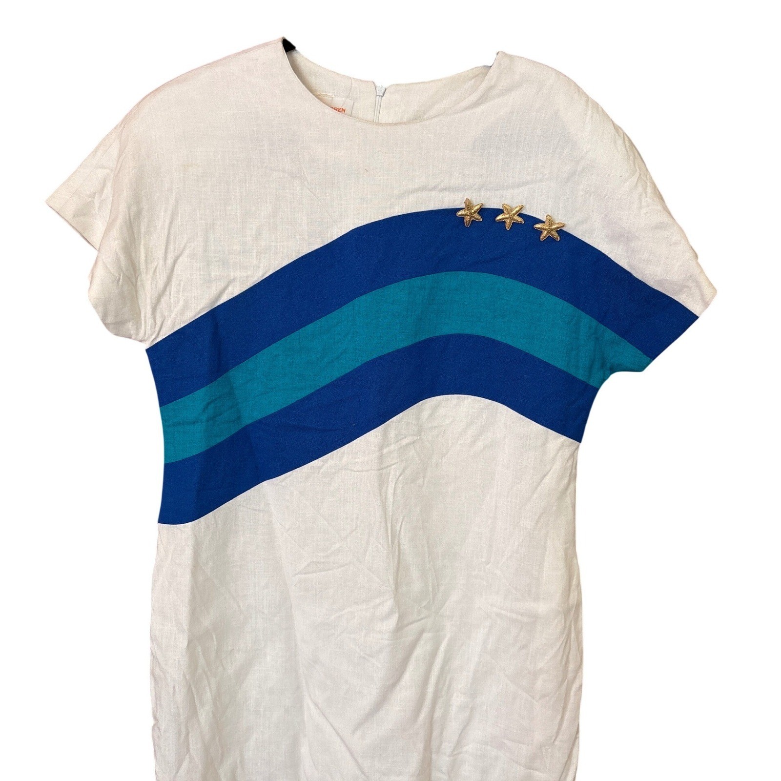 David Warren Sheath Dress Women White Blue Starfish Nautical Linen Blend SIZE 14