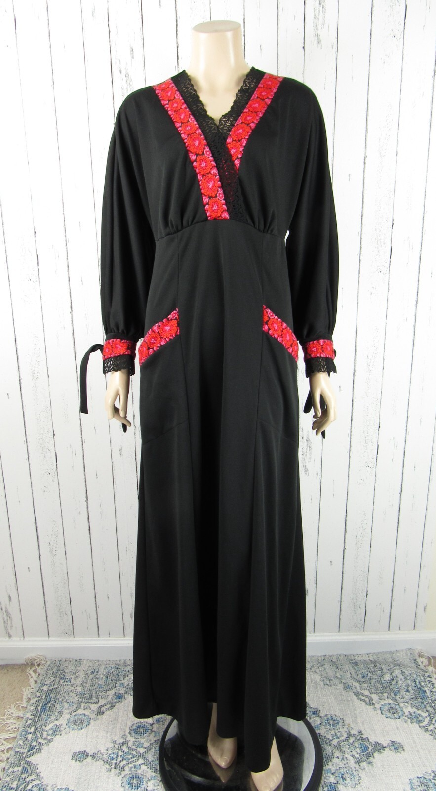 Vintage 70s Boho Hippie Black Maxi Dress Brocade Trim Large L TALL Hippy