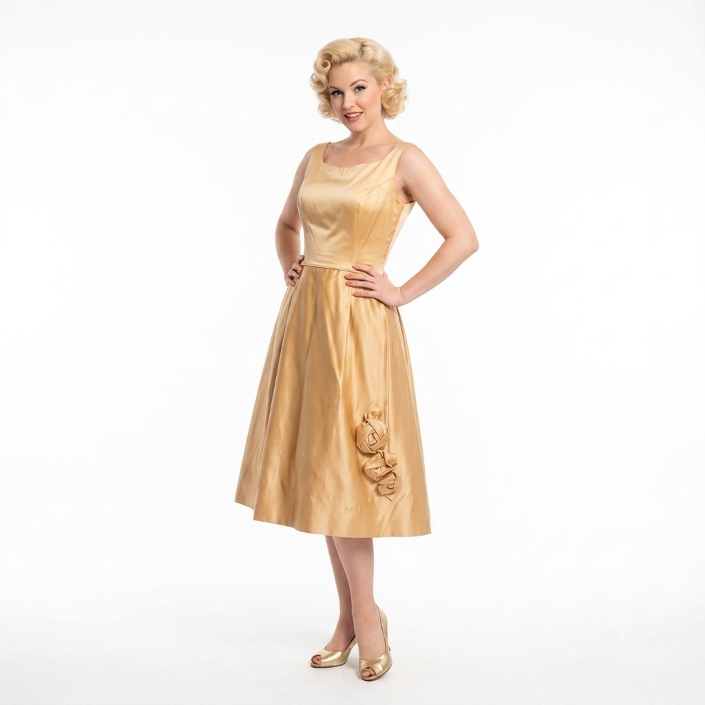 Gold Satin 50s Dress Ladies M Rose 3D Pinup Mad Men Cocktail Prom Gown Bombshell