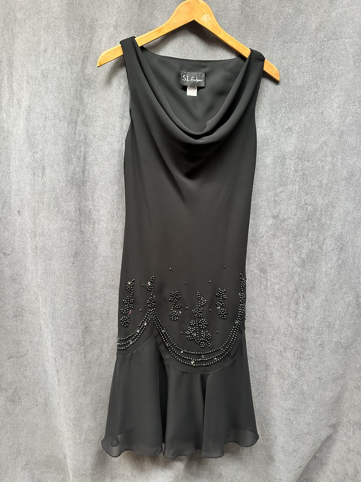 Vtg S.L. Fashions Black Mermaid Dress Beaded Evening Cocktail Sz 8