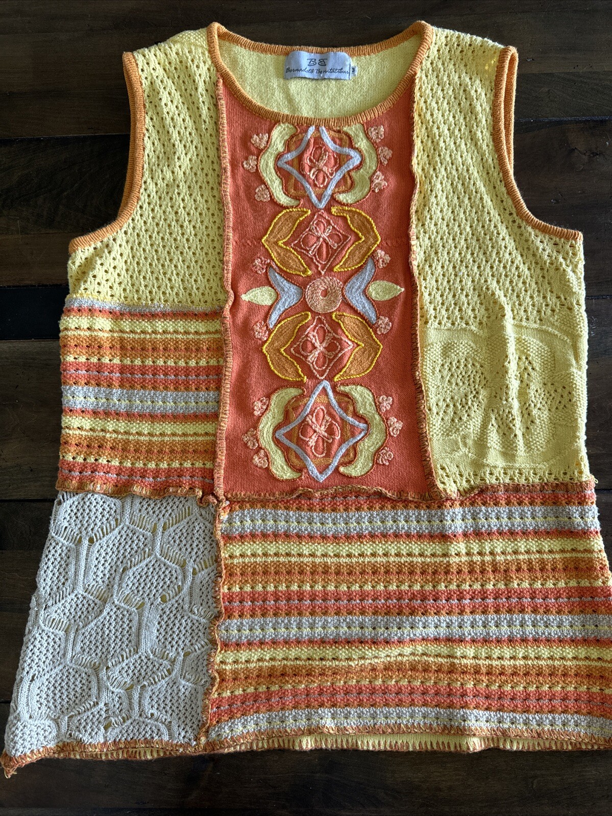 VINTAGE CROCHET knit M Orange Yellow Colorblock VEST Blouse boho HIPPIE Brazil