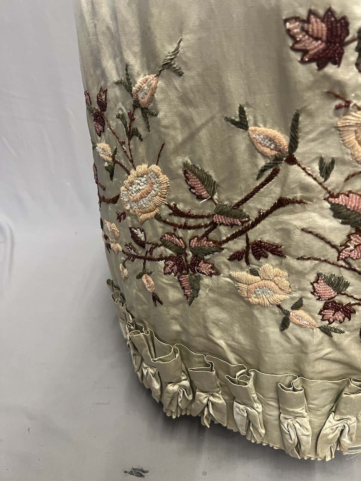1880’s Light Celery Green Silk Bustle Skirt – Heavy Embroidered & Beaded Florals