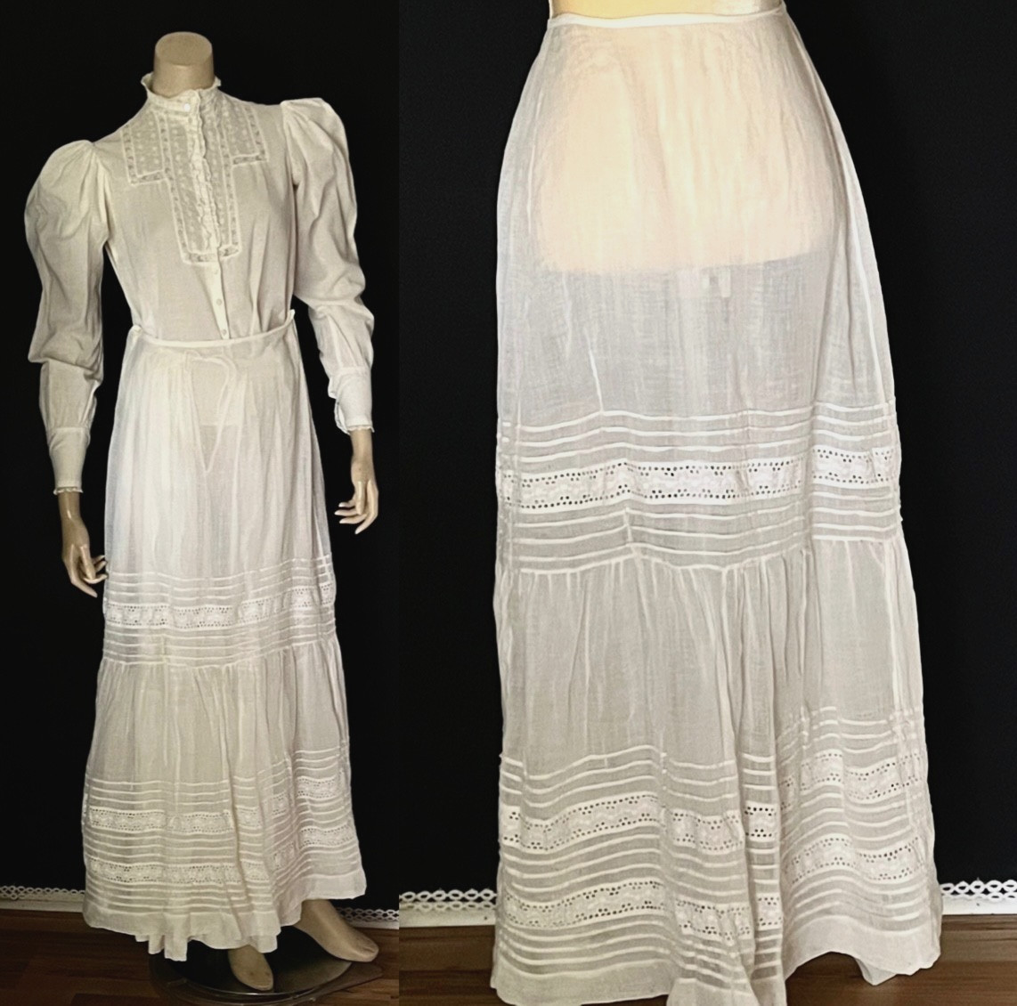 Lovely Tiered Edwardian White Batiste Petticoat, Slip, Skirt Eyelet, Pin Tucking