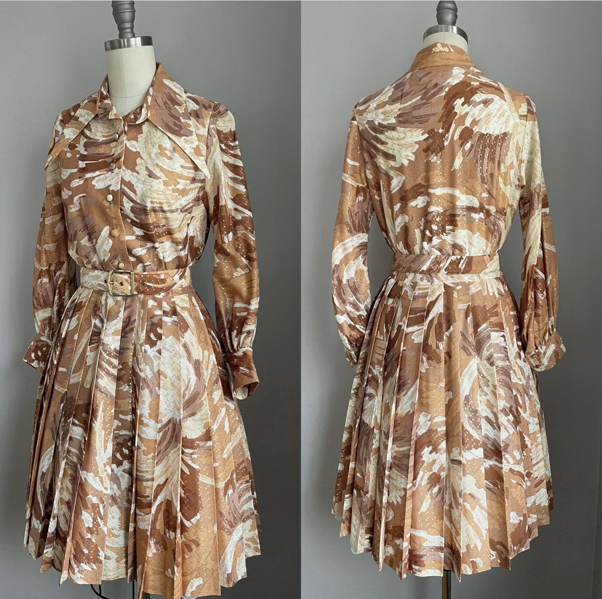Vintage 70’s Domani Knits Dagger Collar Abstract Copper & Gold Metallic Dress S