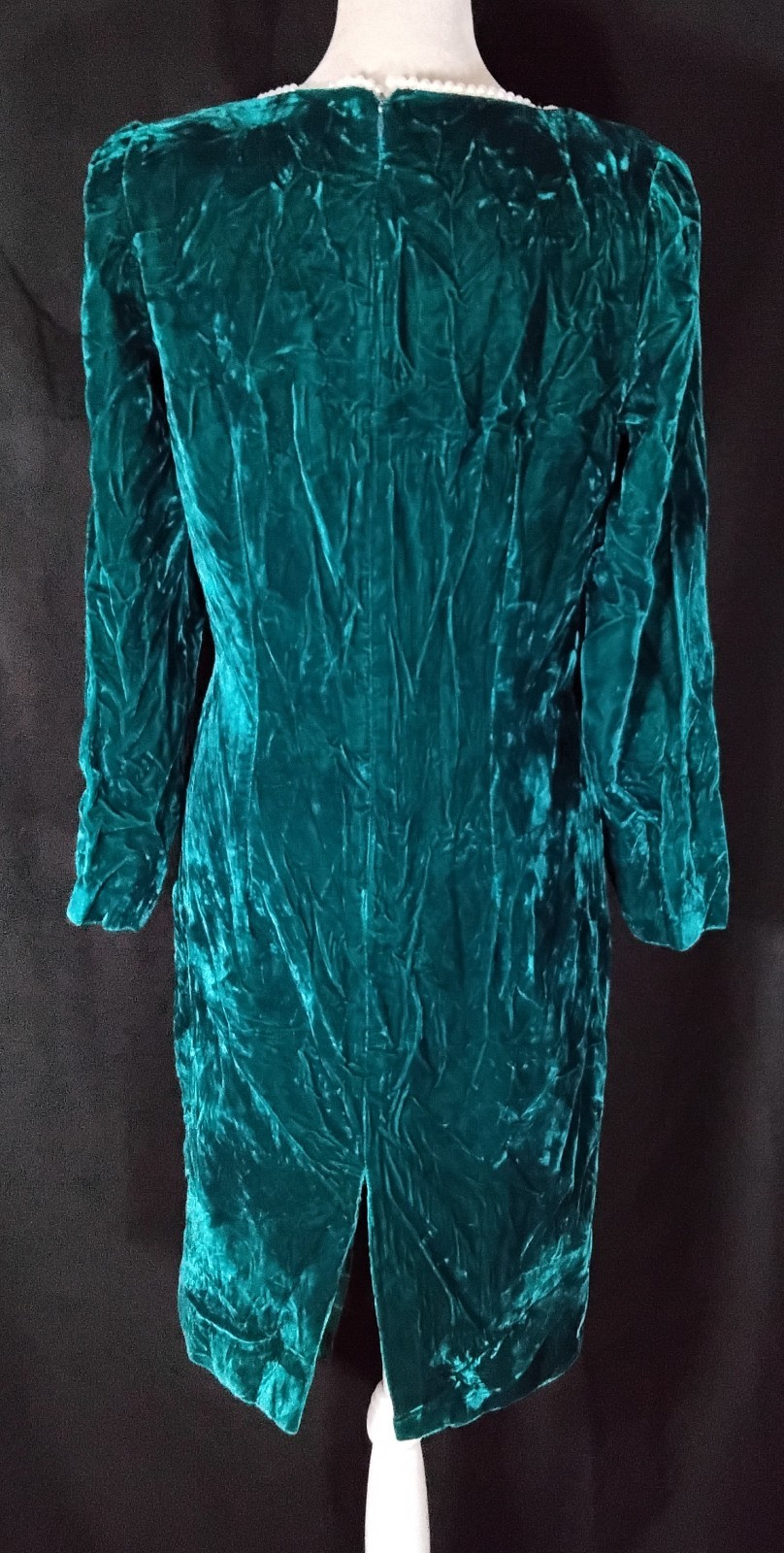 Vtg 80s Lisa Michaels Shift Midi Velvet Green Cocktail Dress Long Sleeves Sz 10