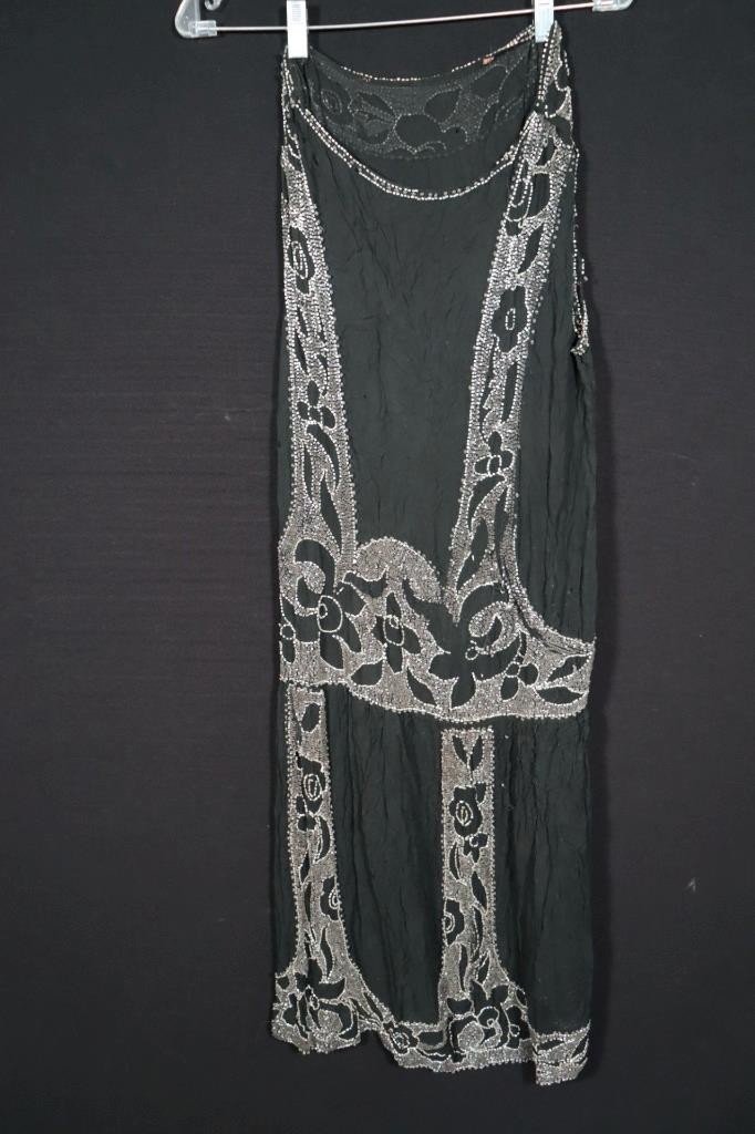 VINTAGE 1920&rsquo;S BLACK SILK CREPE FLAPPER BEADED DRESS FOR STUDY OR APPLIQUE