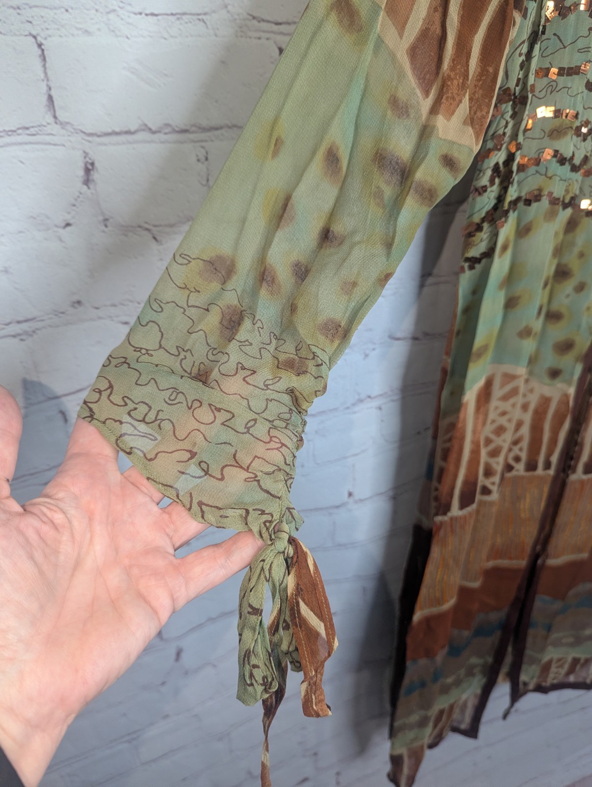 ASHRO 2 Piece Long Dress/Duster Jacket Set Brown Green Copper Size M
