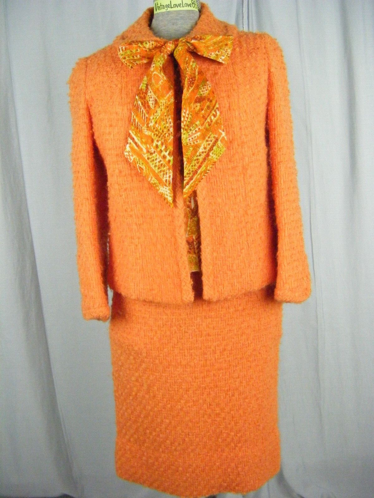 LILLI ANN Vtg 60s Orange Woven Wool Mod Jacket/Top/Skirt-Bust 36/Waist 24