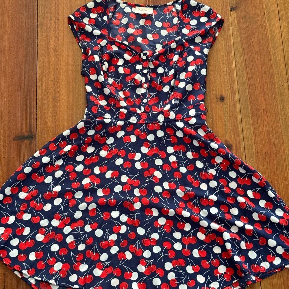 Retro inspired Red & White Cherry Print Navy Summer dress with Keyhole back. S