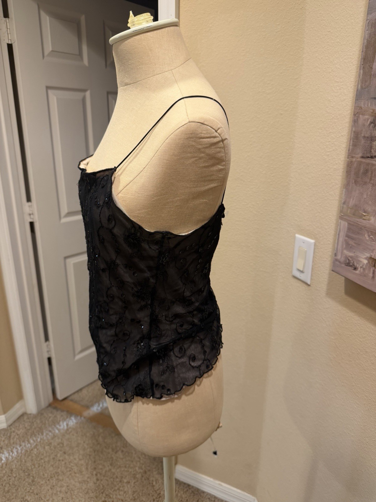 Vintage 90&rsquo;s Bebe Black Sheer Mesh Lined Sequin Floral Camisole Tank Top M