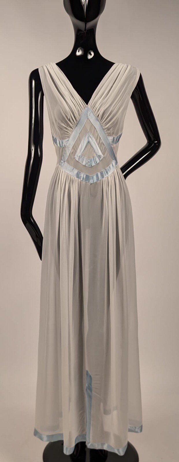 GLAMOUR 1930’S SHEER WHITE RAYON NIGHT DRESS W SATIN TRIM