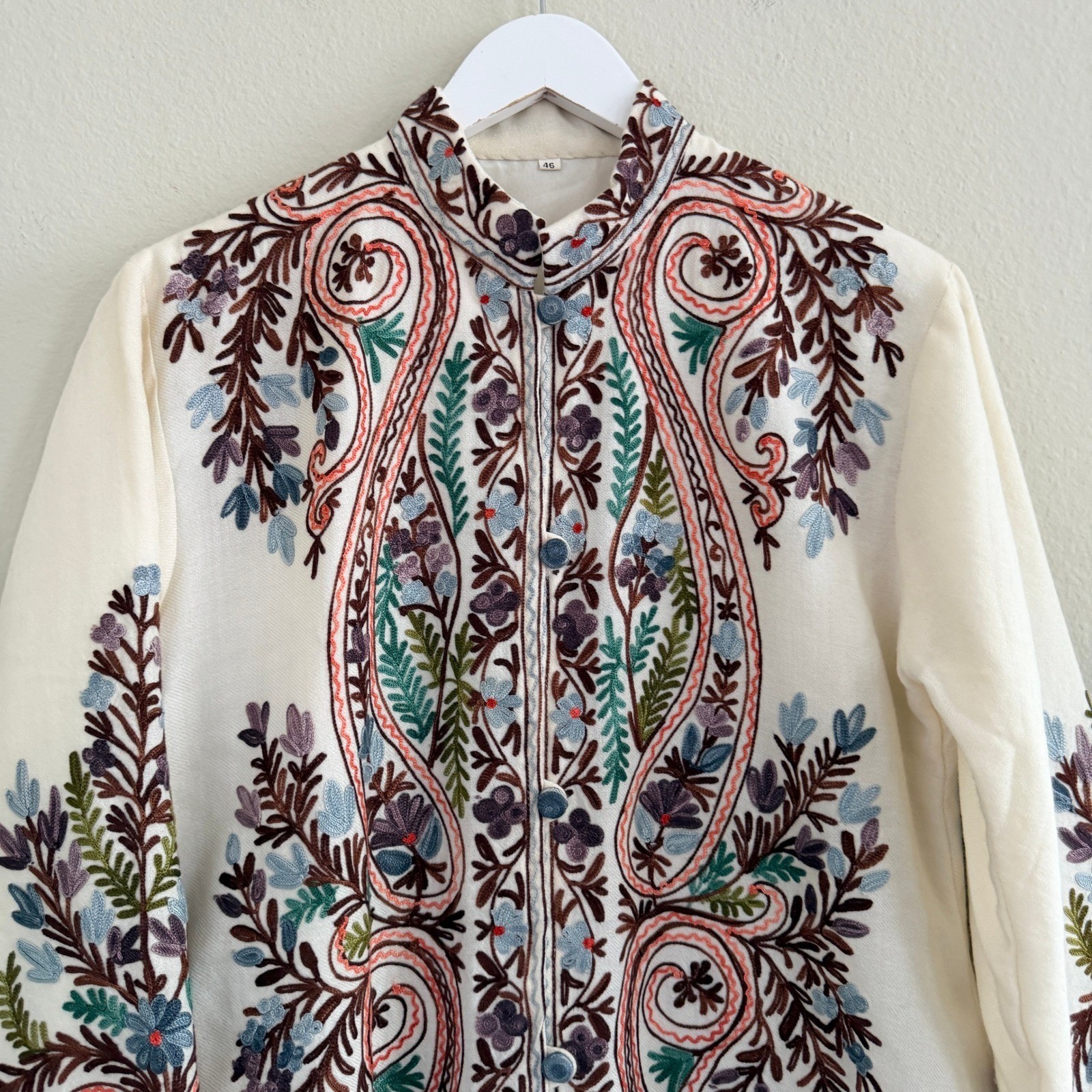 Woolen Coat Long Jacket Off-White, Multicolor Embroidery Size 46 (14, XL) Boho