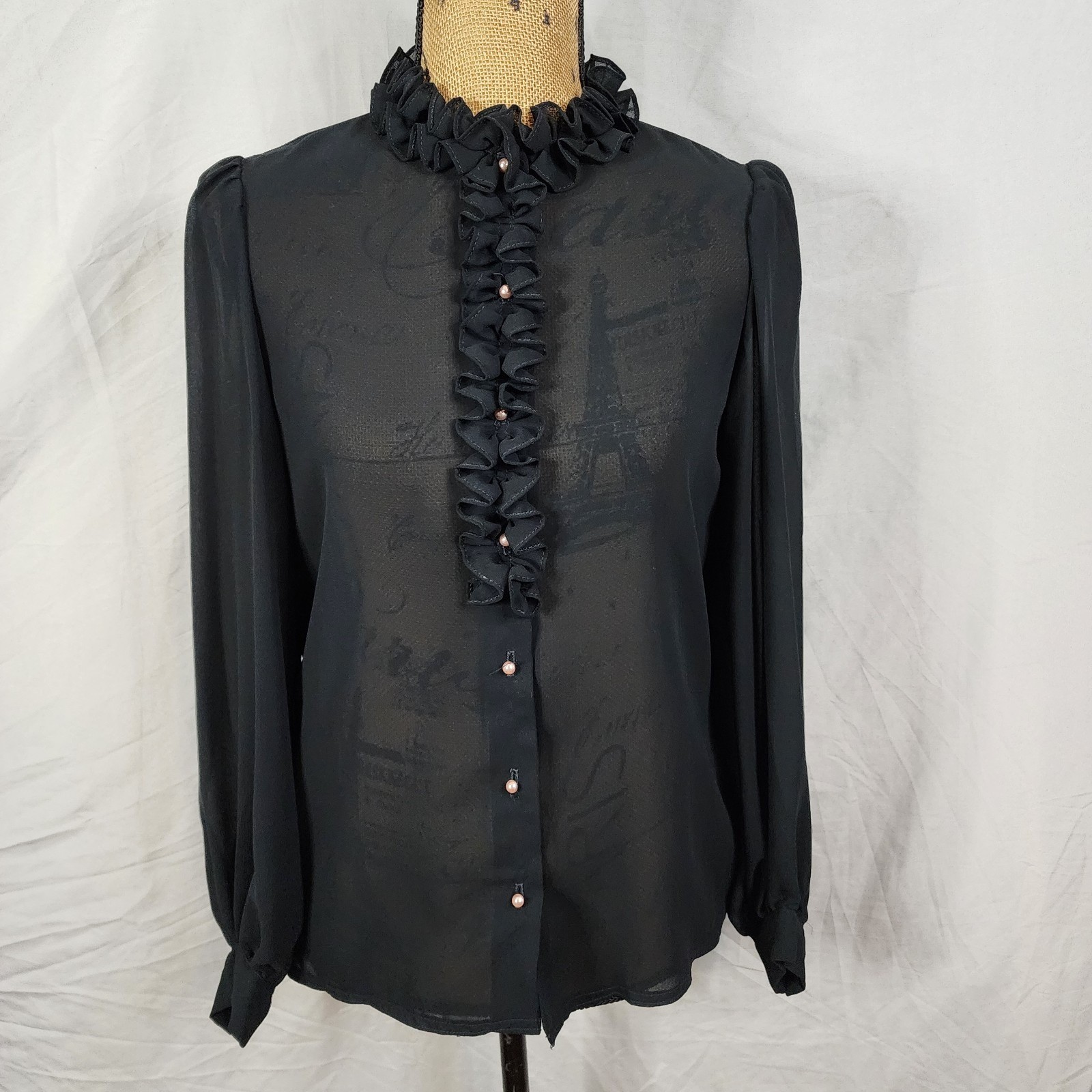 Vtg 70s JAMBOREE Size Small Couture Sheer Black Pearl Button Ruffle Neck Blouse