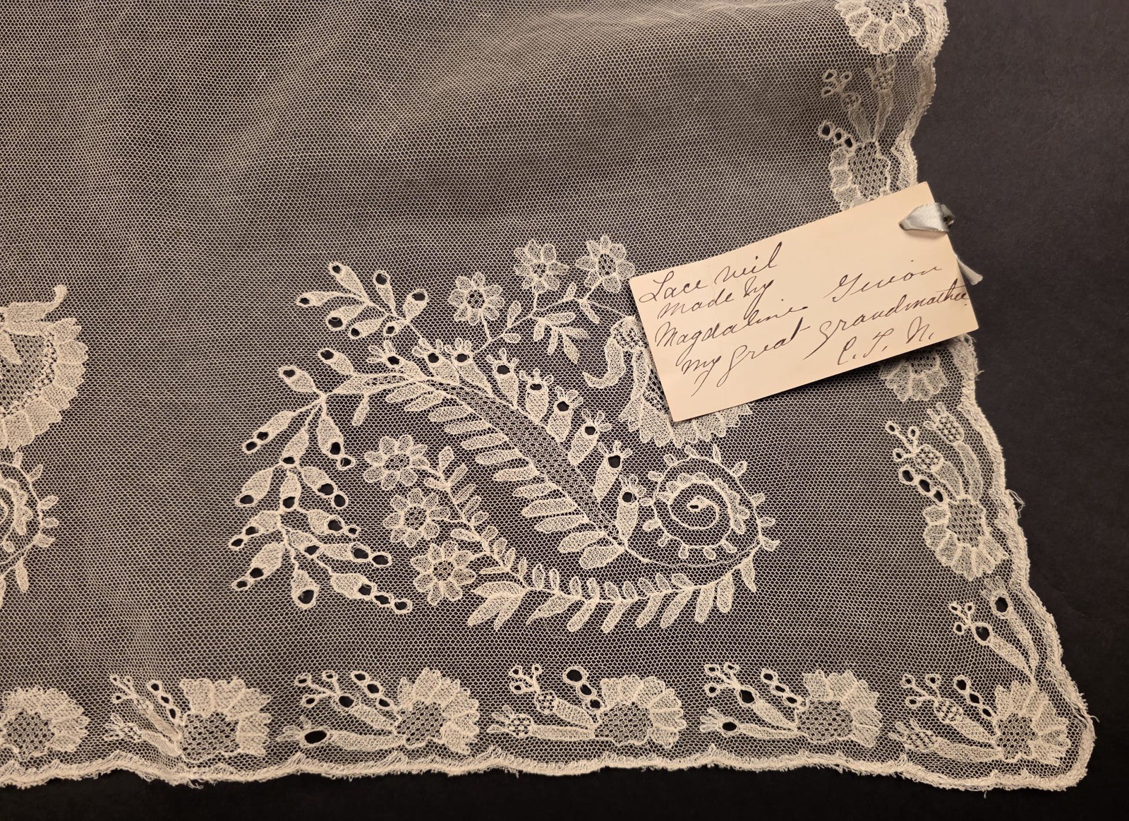 ANTIQUE 1820’S HANDMADE LACE WEDDING BONNET VEIL W FLORALS + OWNERS ID FOR DRESS