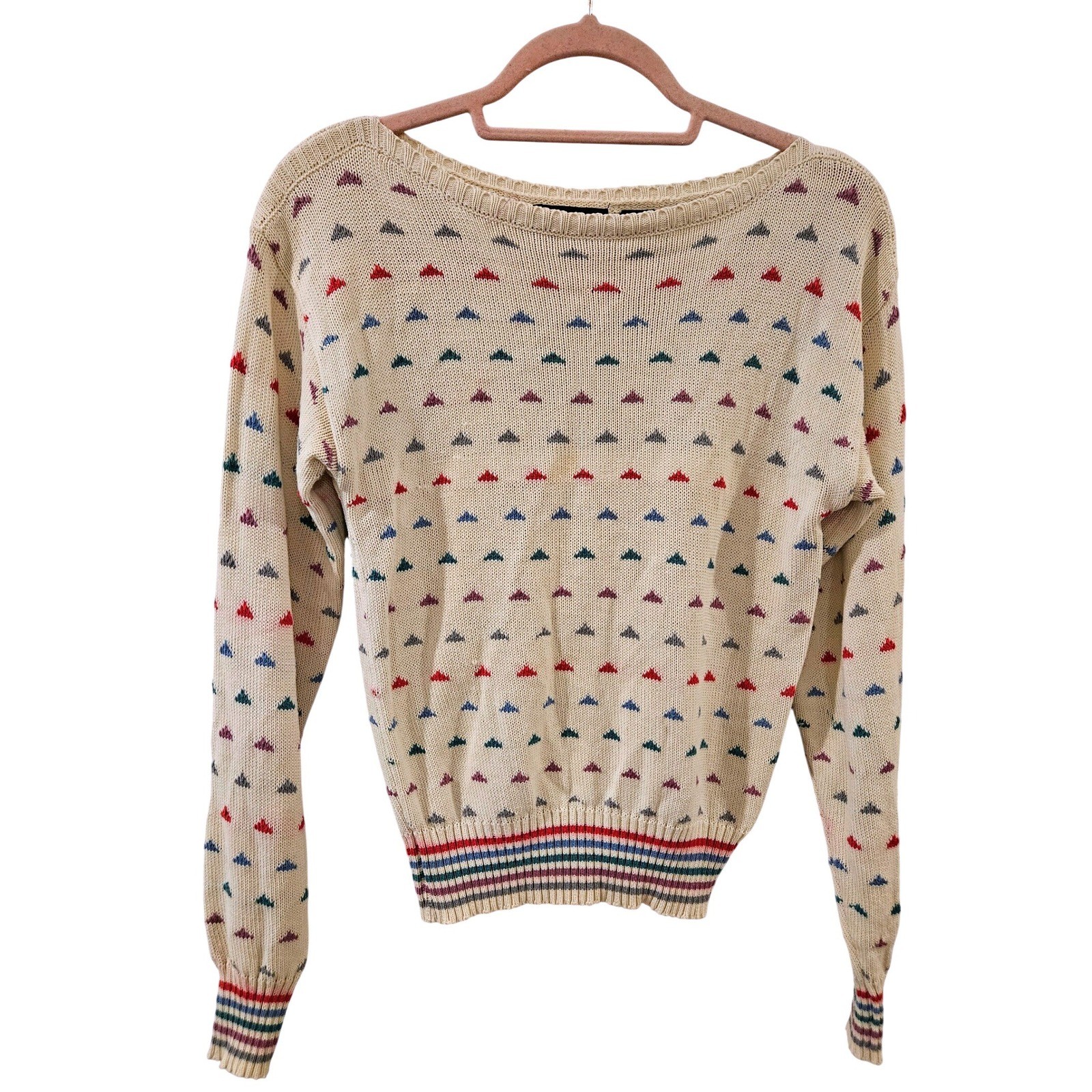 Vintage Granny Sweater Cream & Rainbow Geometric Triangles Retro 70s Womens L