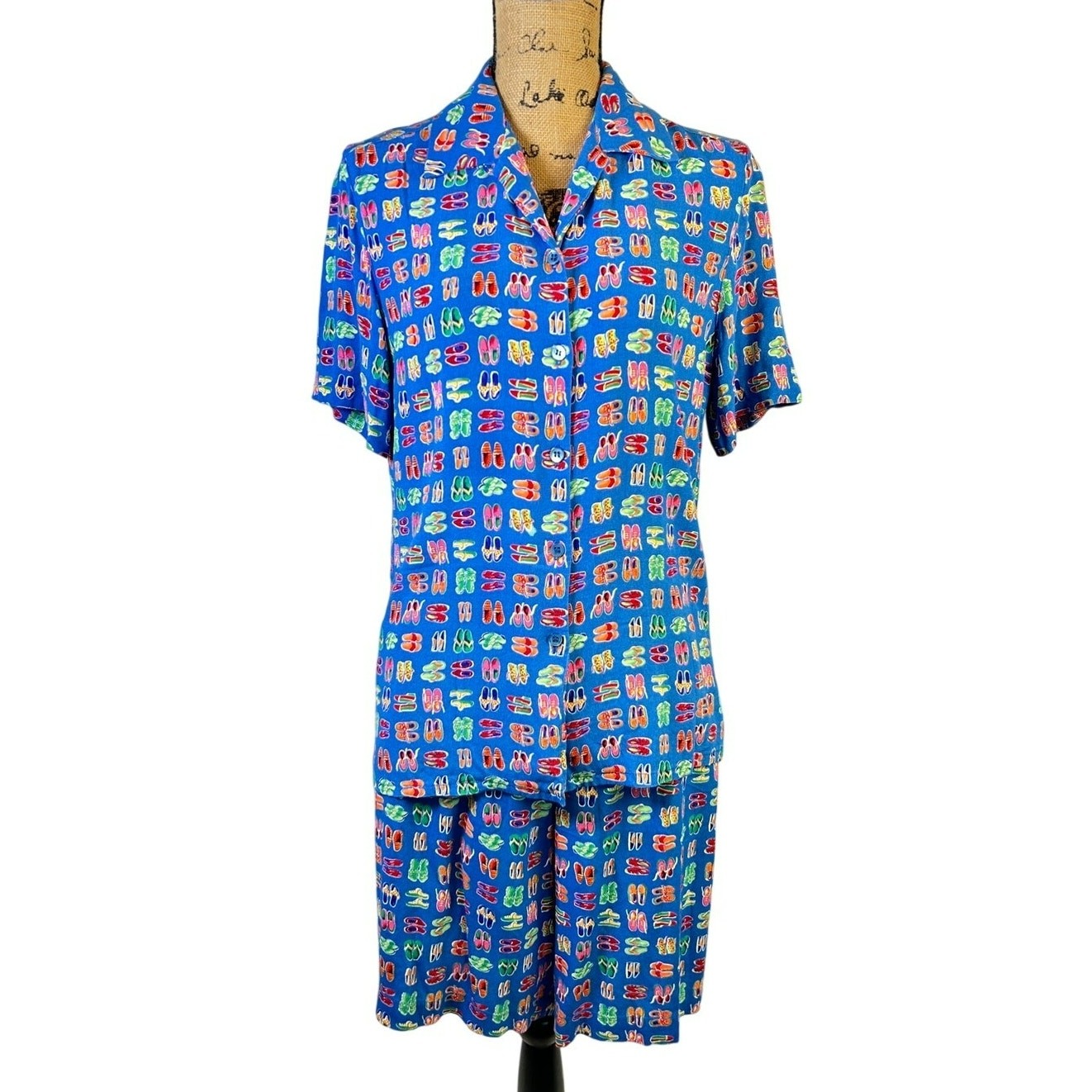 VTG David Brooks 2 Piece Rayon Set M L Shoe Print Camp Shirt Bermuda Shorts USA
