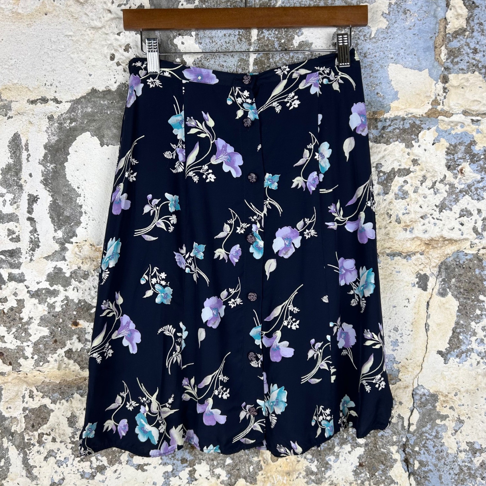 Petite Sophisticate Vintage 90s Floral Button Front Midi Skirt Navy Blue Size 8P