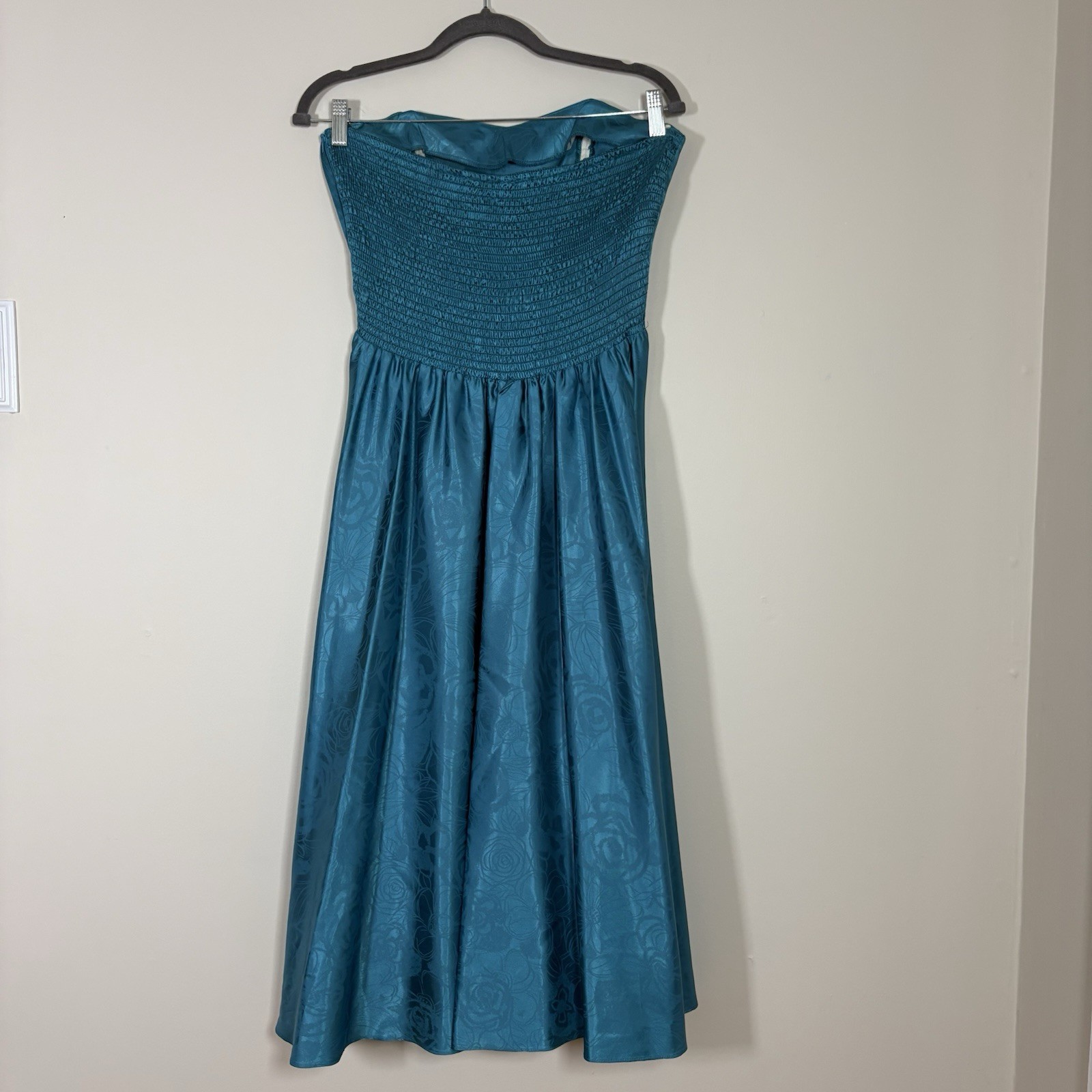 VTG 80s Studio E Teal Floral Brocade Prom Party Dress Strapless Ruched Maxi L
