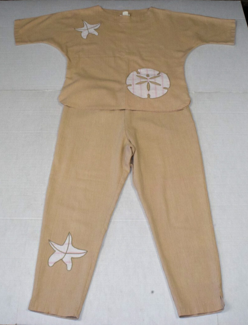 Vintage Top Pants Set Mari Size M 80s Sandy Beige Sand Dollars Starfish Made USA