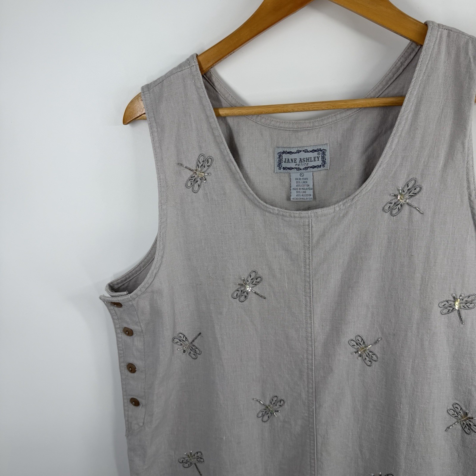 Vintage Jane Ashley Embroidered Sequin Dragonflies Embellishment Linen Dress