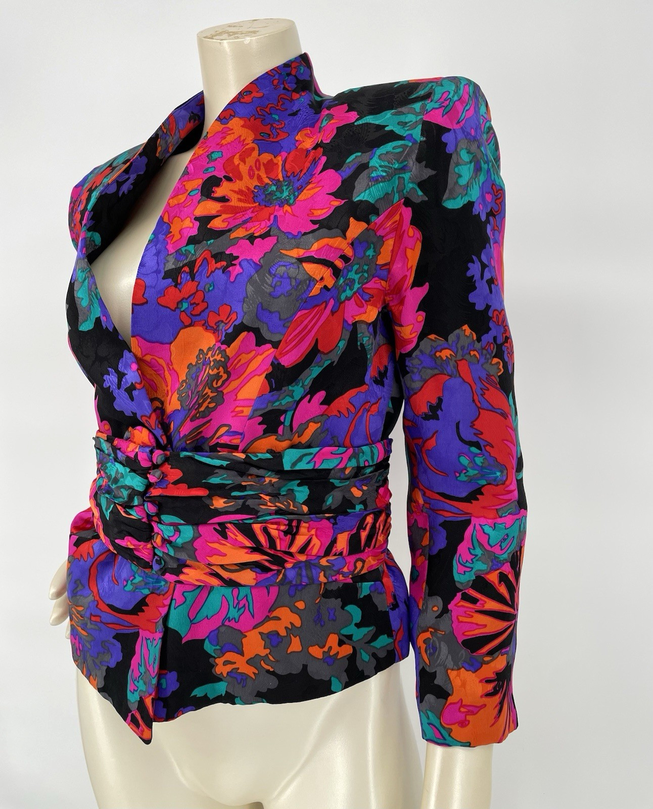 Vintage Iconic 80s Flora Kung Bold Abstract Floral Silk Asian Jacket Obi Belt XS
