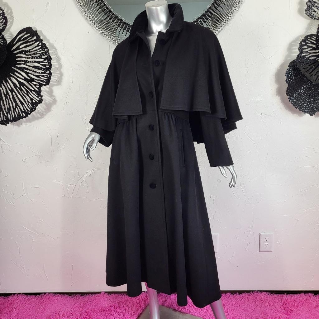CLAUTE COUTURE~38/S/M~VINTAGE BLACK WOOL VELVET FULL LENGTH CAPE COAT TRENCH