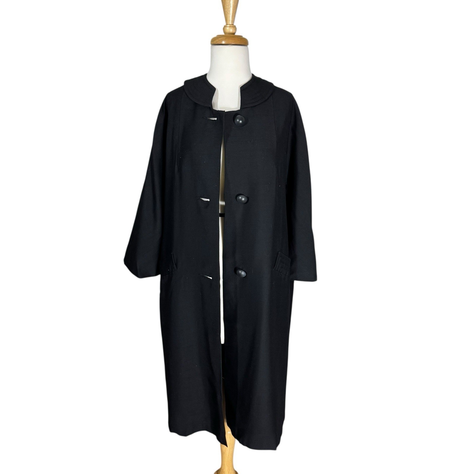 1950’s Black Faille Cocoon Coat Elegant Split Mandarin Collar Dolman Sleeve