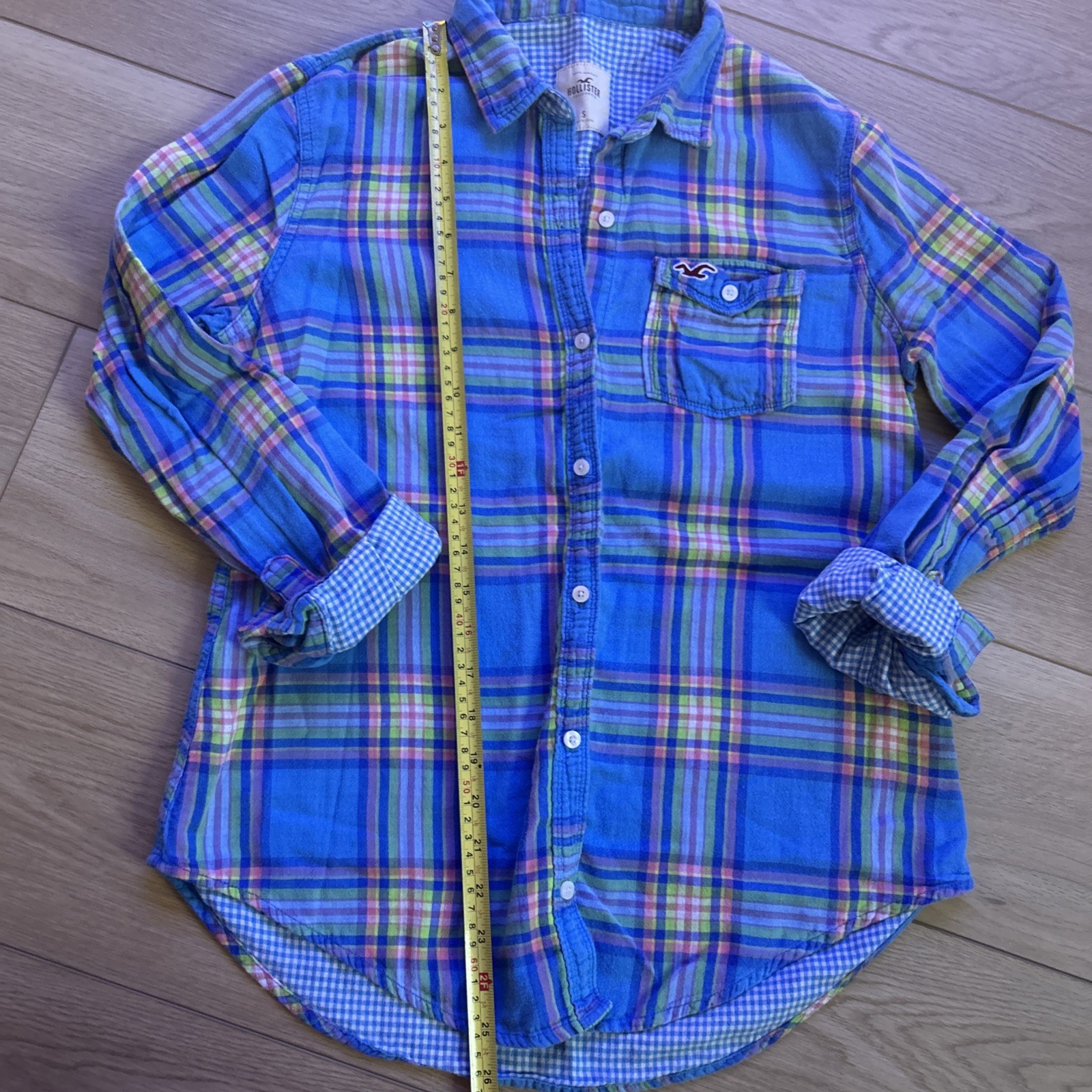 VTG Y2K Hollister Button down Plaid gingham colorful Embroidered logo Sz Small