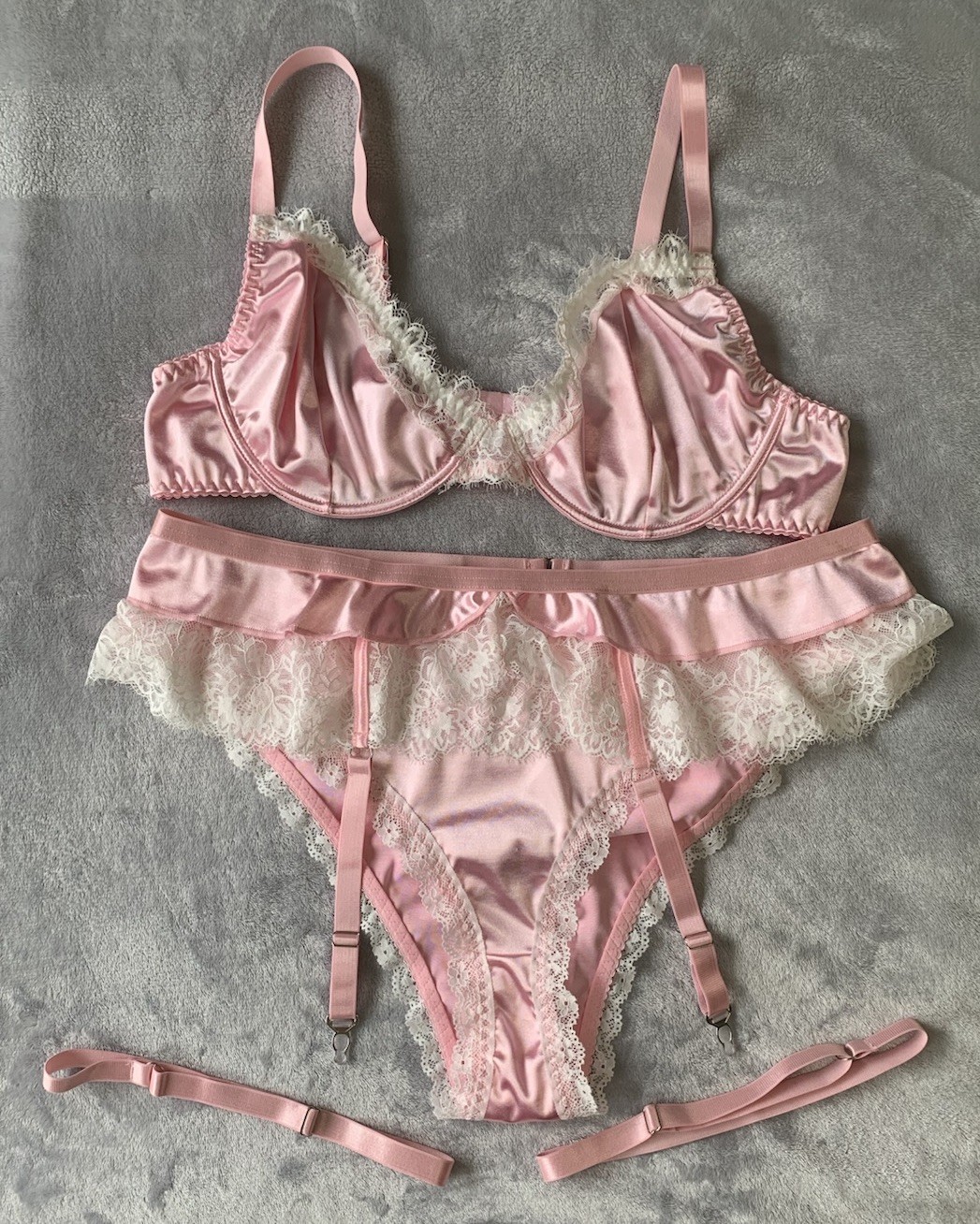 NEW 3X Glossy 2nd Skin Satin Bra Panties Garter Belt 5pc Set Plus sz