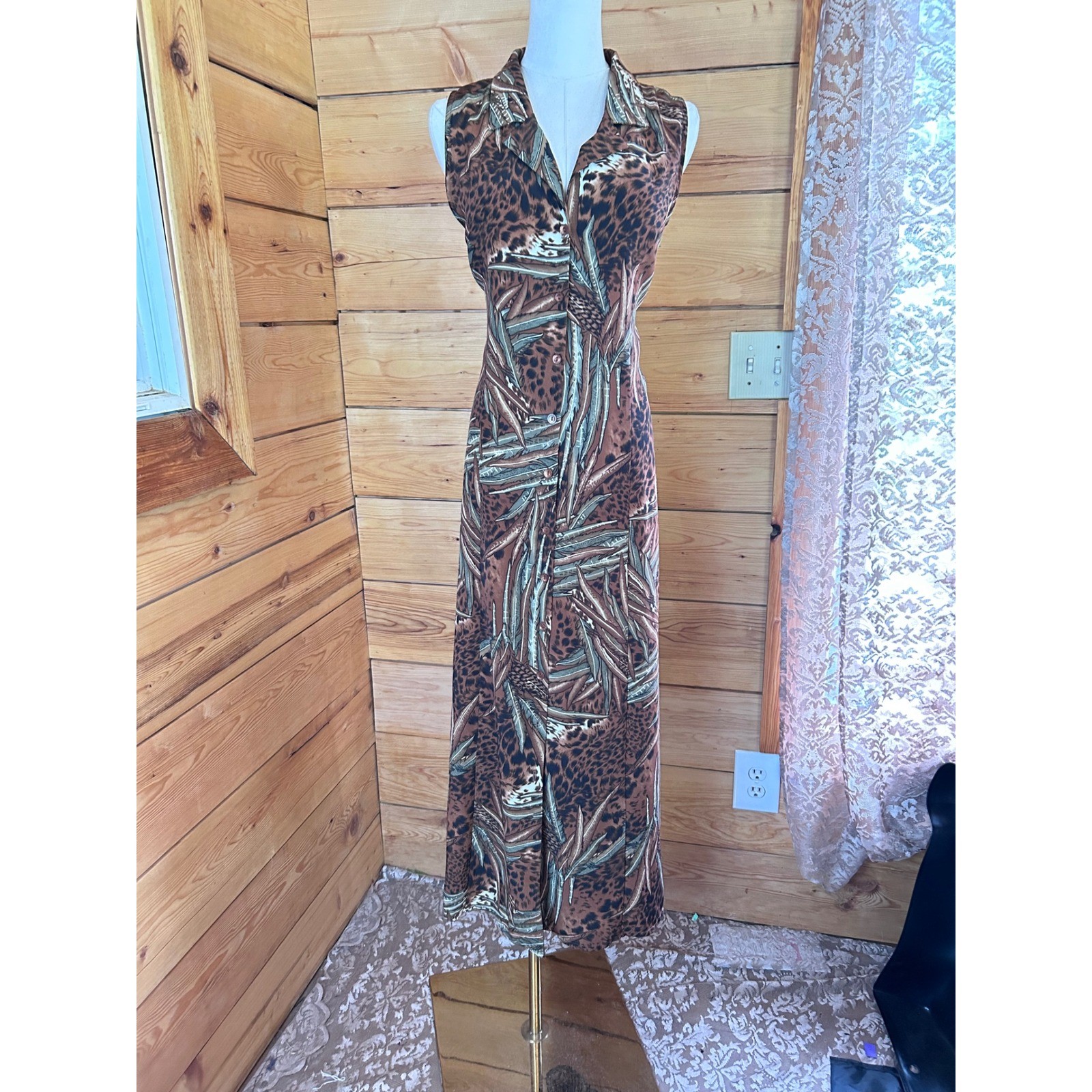 Vintage Maxi Dress Size 14 Brown Leopard Palm Leaf East West Fashions Retro 90&rsquo;s