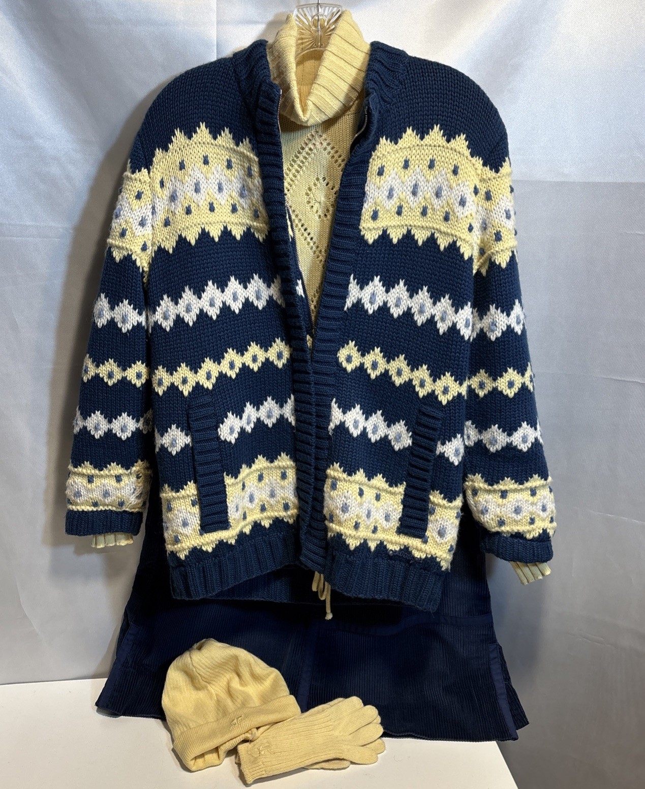 Vintage Courreges Zip Lined Cardigan/Jacket, Roll Neck Swtr, Skirt, Gloves & Hat