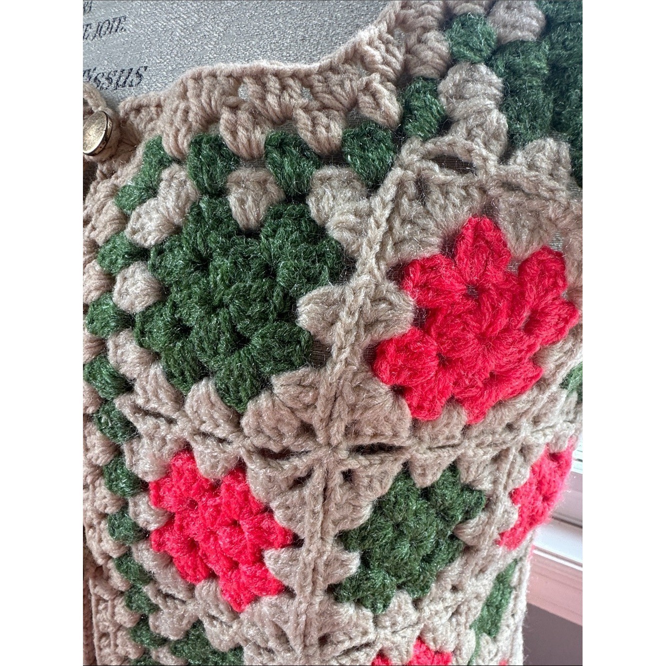 Vintage hand knit boho granny Square, long sweater vest, neon pink and green S/M