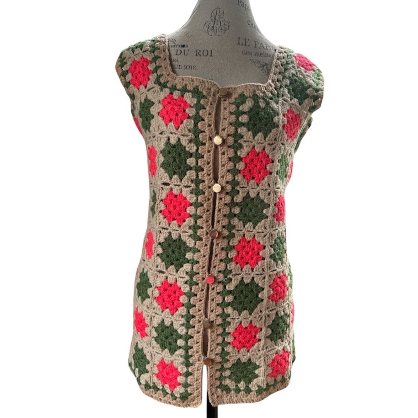 Vintage hand knit boho granny Square, long sweater vest, neon pink and green S/M