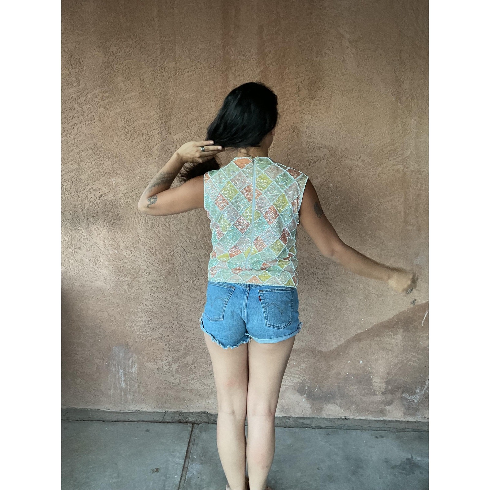 Vintage Multicolor Pastel Sequin Sleeveless Top – Diamond Pattern