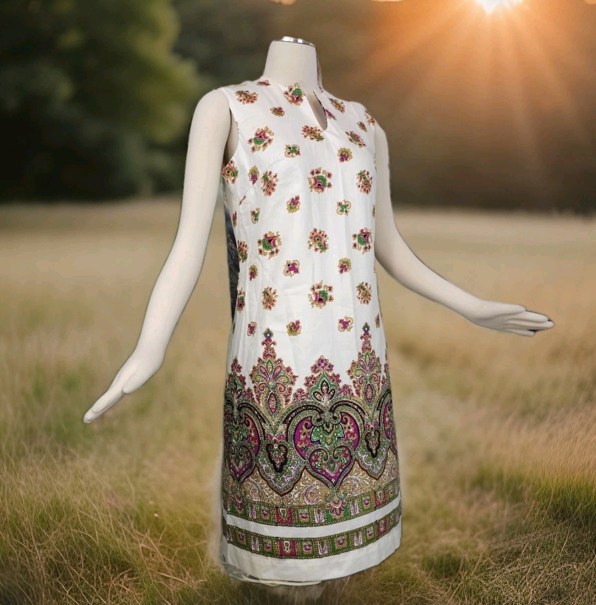 Mardi Gras Sleeveless Dress Paisley Green Pink 1970s Liberty Circle Vintage