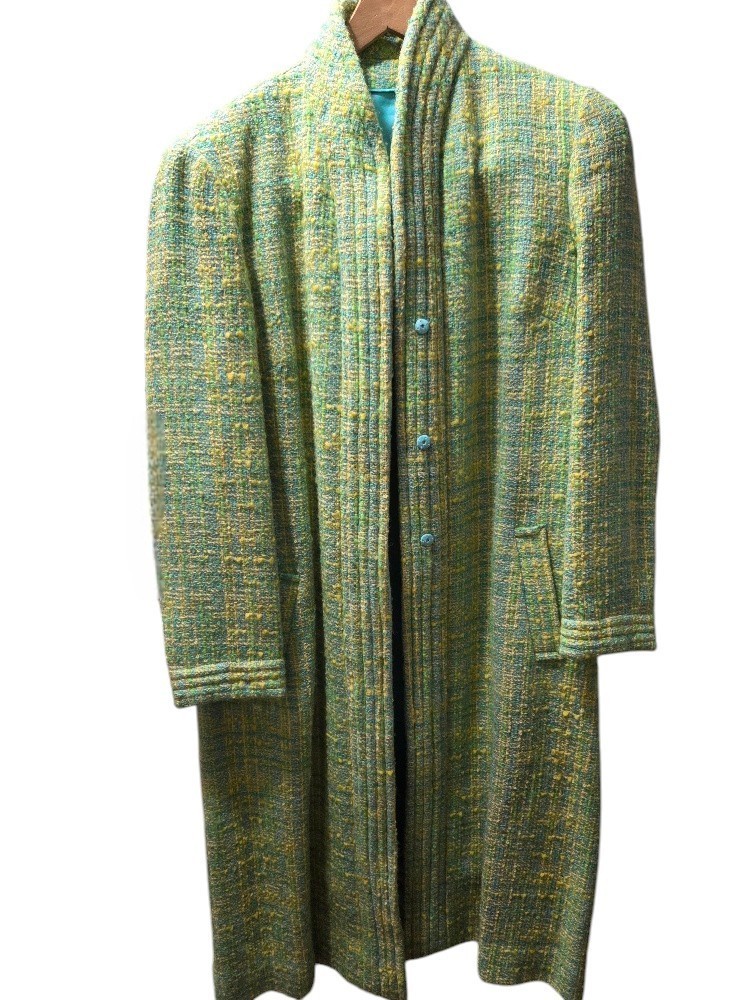 Vintage 1960s Herald Tang Raw Silk Coat Aqua Teal Gold Quilted Lining Costume