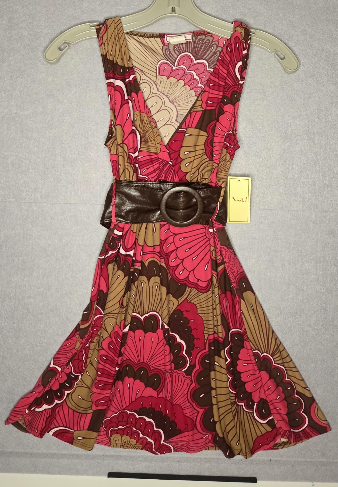 VTG Vol 1 Womens Summer Top Sz S Retro Hot Pink/Brown Floral With Faux Belt NWT