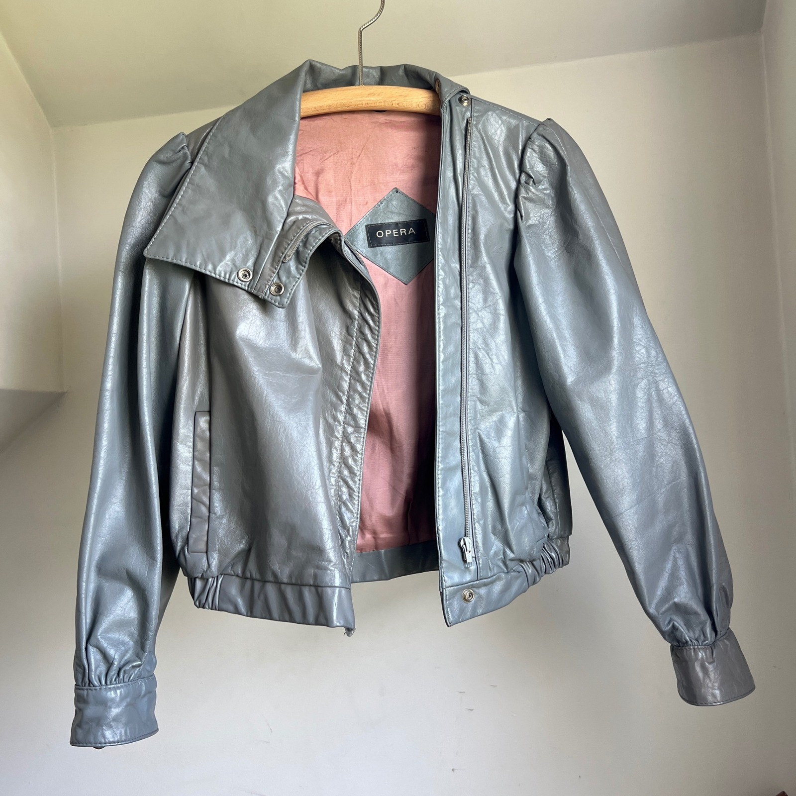 Vintage 80s Leather Jacket Small Gray Stand Collar Funnel Neck Retro Avant Garde