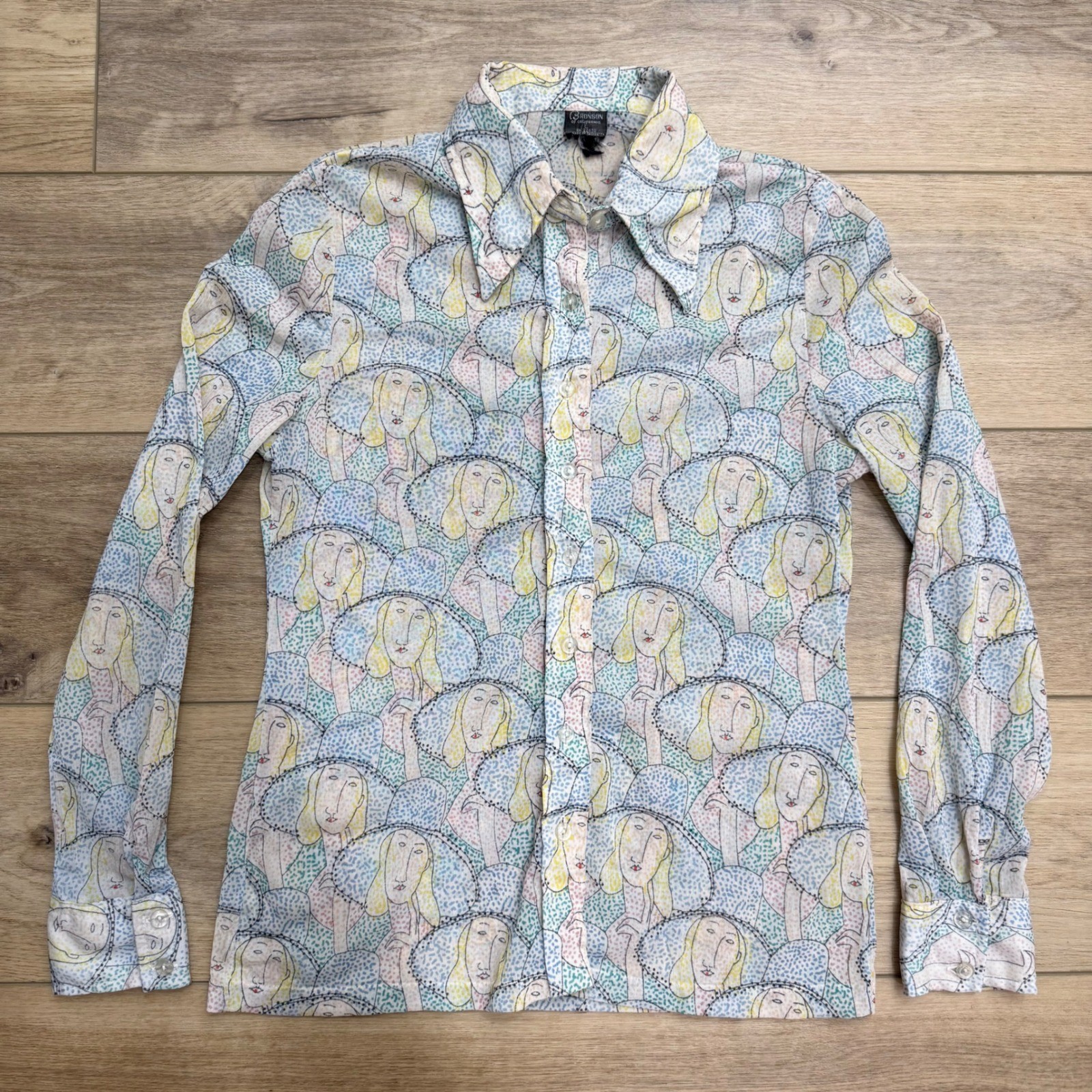 Vintage 70s Bronson of California Women Hat Novelty Print Dagger Collar Shirt L